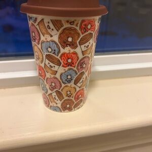 Cute Donut Patterned Ceramic Travel Mug with Rubber Top